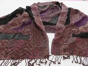 PASSIGATTI ITALY SCHWARZ DUNKEL MAUVE 100 % WOLLE PAISLEY & TRANSPARENT SCHAL TUCH PASHMINA - Bild 1 von 13
