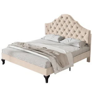 PLUSH VELVET UPHOLSTERED BED FRAME HEADBOARD DOUBLE & SINGLE SIZE BED 3FT 4FT6 - Picture 1 of 30