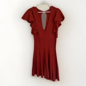 Free People Cozy Nights Sweater Dress M Flounce Ruffle Burnt Orange Boho Knit - Picture 1 of 7
