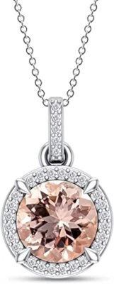 Collar colgante de morganita natural y halo de diamantes de 8/9 quilates de corte redondo de 6,5 mm de ley Foto 1 de 4