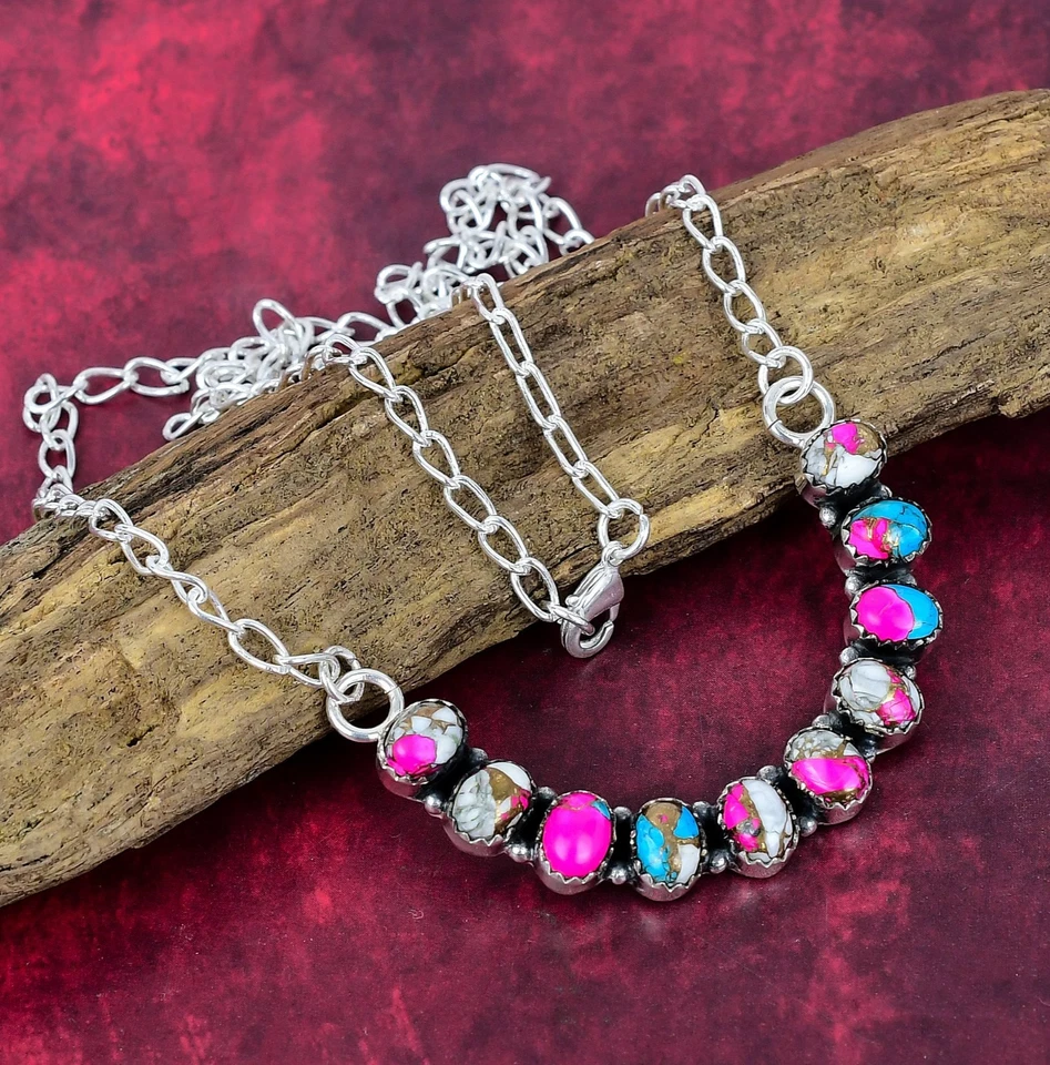 Cotton Candy Turquoise Gemstone Handmade 925 Sterling Silver Jewelry Necklace - Image 1 of 4