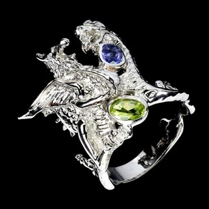 925 Sterling Silver Ring Oval Peridot Tanzanite Gemstone Jewelry Dragon Size 8 - Picture 1 of 14