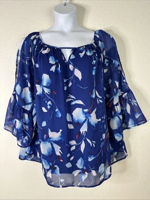 ALYX Womens Plus Size 2X Blue Floral Lined Keyhole Top Slit 3/4 Sleeve - Image 1 of 4