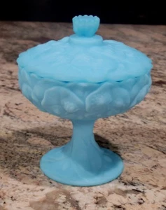 Vintage Fenton Uranium Satin Water Lily Blue Footed Candy Box With Lid - Picture 1 of 12