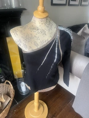 Next Black One Shoulder Embellished sequin Top jumper Size Uk 10 silk mix  - Image 1 of 4