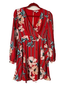 Express Women Dress XS Red Floral Long Sleeve Mini Surplice V-Neck Lined - Picture 1 of 6