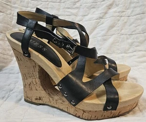 Guess Gweille Platform Donut Cork Wedge Sandals Gweille Black Leather Stud Strap - Picture 1 of 7