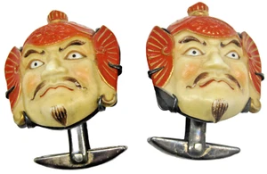Samurai Cufflinks Toshikane Japan Silver Porcelain Vintage Warrior Men’s Jewelry - Picture 1 of 4