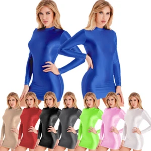 Women Glossy Bodycon Dress Long Sleeve Shiny Dresses Sexy Rave Party AU - Picture 1 of 94