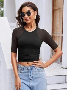 Womens Mesh Short Sleeve Tops Double Lined Crew Neck T Shirts Fitted Basic MED - Picture 1 of 4