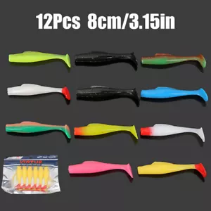 12pcs 3.15" Soft Plastic Lures T Tail Minnow Fishing Bait Bass Swimbait Tackle - Picture 1 of 17