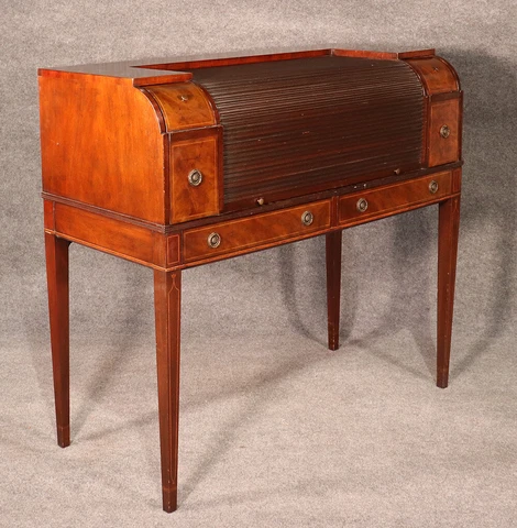 Rare Inlaid Hepplewhite Sheraton Mahogany Tambor Writing Table Desk W Metal Tray Cover