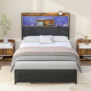 Ufurniture Queen Bed Frame LED Storage Shelf Charging Station and USB Port - Picture 1 of 9