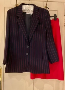 WINDSMOOR WOOL SUIT SIZE 12: BLACK PINSTRIPE LONG LINE JACKET & RED SKIRT - VGC! - Picture 1 of 15