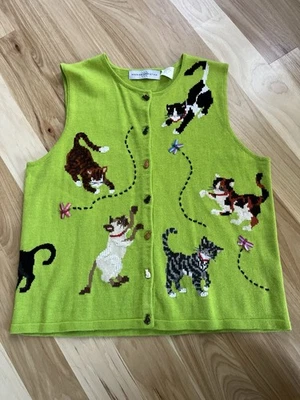 Vintage Y2K Marisa Christina Lime Green Cat Sweater Vest Button Beaded Embroided - Image 1 of 4