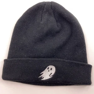 Cartoon ghost on black winter beanie cuff cap - Picture 1 of 6