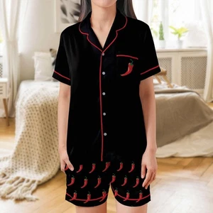 Chili Pepper Satin Pajama Set - Womens Short Sleeve Shorts in Spicy Red - Picture 1 of 13