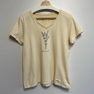 Life is Good Womens V Neck T Shirt Lavender Graphic Print Cream Size L - Image 1 of 4