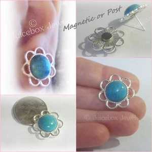MAGNETIC or Post Turquoise Howlite, 21 mm Flower Design Handmade Earrings M203 - Picture 1 of 5