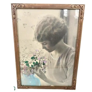 Antik Jugendstil Damen Holzrahmen Permanent Wave Haar Blumen handgefärbt - Bild 1 von 12