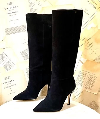 Anthropologie Larroude Kate Knee High Boots Black Suede Stiletto Pointy 7.5 NEW - Image 1 of 4