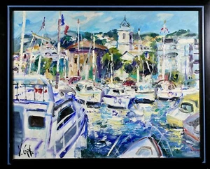 YVON GRAC (b.1945) HUGE SIGNED FRENCH OIL CANVAS - HARBOUR AT SAINTE MAXIME - Picture 1 of 10