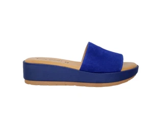 Schuhe Sandali Pantoffel Frau Elisa Conte Leder Gämse Blau Keil Plateau Italy - Bild 1 von 7