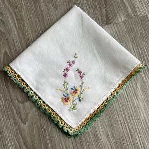 Vintage Handkerchief -Embroidered Cotton Square Crochet Edge 10.5x10.5” - Picture 1 of 4