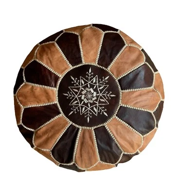 Moroccan Handmade Unstuffed Leather Embroidered Pouffe Poufs Stool Round - Image 1 of 4