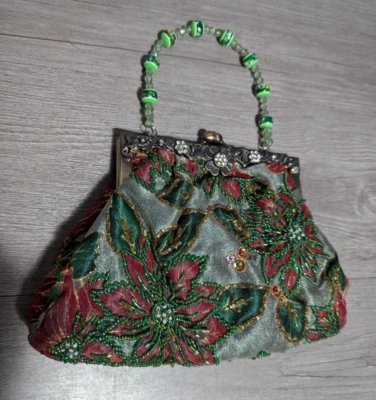 Vtg Retro Green Red Christmas Poinsettia Beaded Floral Clutch Bag Purse Handbag - Image 1 of 4