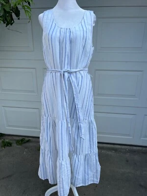Maxi Vestido Costero Talbots Azul Rayas Lino Algodón Niveles Talla 10P Foto 1 de 4