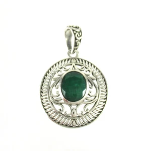 .925 Sterling Silver Emerald Pendant Bali Filigree Negative Space Natural Stone - Picture 1 of 2