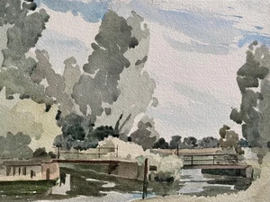 WATERCOLOUR TREES FOOTBRIDGES over RIVER  LANDSCAPE Peter Arnold - Picture 1 of 2