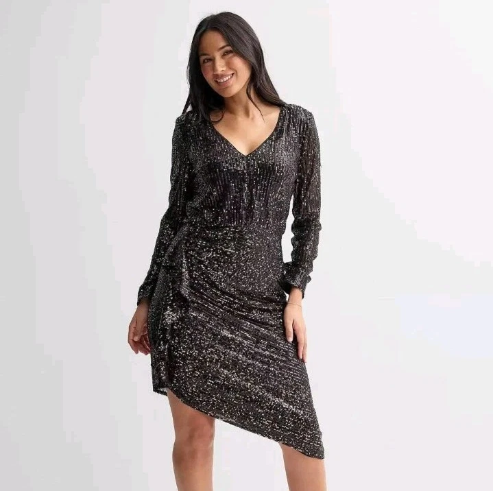 Novo Vestido Midi London Times Lantejoulas Ouro Preto Bainha Assimétrica Envoltório Falso Tamanho 16 - Imagem 1 de 4