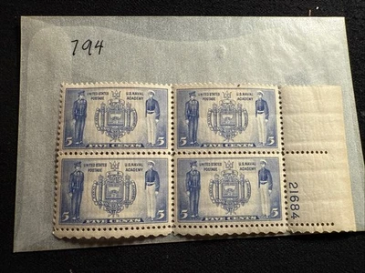 US Stamps Scott 794 plate block 5c Navy Issue Naval Academy 1937 M/NH Fresh - Image 1 of 2