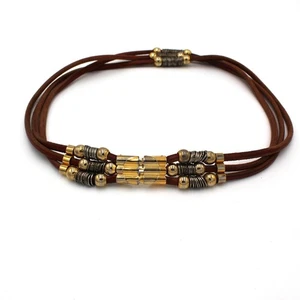 Y2K Leder Statement Gürtel braun Messing Schnalle Boho Damen kleine Perlen Vintage - Bild 1 von 8