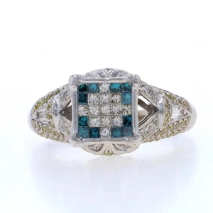 White Gold Blue Diamond Cluster Ring - 10k Princess Baguette 1.00ctw Treated - Picture 1 of 9