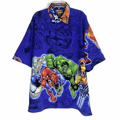 Vintage 2001 Marvel Comics Shirt Mens L All Over Print Superheroes Button Down - Image 1 of 4