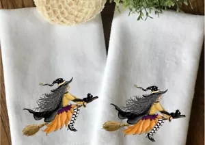 Coppia di asciugamani da dito Halloween, decorazione casa Halloween, asciugamani strega e scopa - Foto 1 di 4