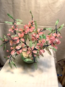 Vintage Large Chinese Jade Quartz Stone Glass Flower Bonsai Tree 14"x12" Bev - Picture 1 of 7