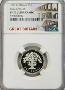 1992 GREAT BRITAIN SILVER 1 POUND ENGLISH OAK NGC PF 70 ULTRA CAMEO PERFECTION - Picture 1 of 4