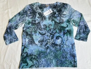CHICOS Blissful Companion Raychel 3/4 Sheer Sleeve Peacock Top Blue - Picture 1 of 6
