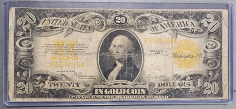 1922  $20 Twenty Dollar GOLD Large Certificate Currency Note (#2308) Cover