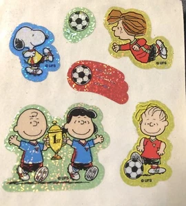 PEANUTS~SANDYLION~VINTAGE~SNOOPY SOCCER HOLOGRAPHIC 6 Stickers~NEW~Free Ship. - Picture 1 of 3
