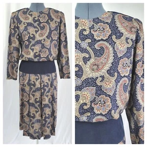 Vintage VLP Navy & Tan Paisley Blouson Dress w Navy Suede Band Size 8P - Picture 1 of 23