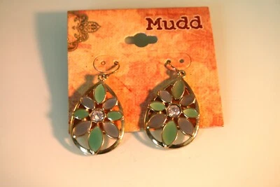 Pendientes colgantes MUDD 2" tono oro esmalte verde y gris y lágrima cristal Foto 1 de 2