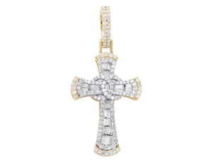 2 layer Baguette 1 1/10 CT Real Diamond Cross n Rings Pendant 1.8" 10K Yellow... - Picture 1 of 4
