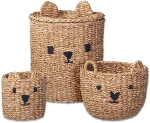 Aufbewahrungskorb mit Deckel Seegras Bär Spielzeugkorb Boho Kinderzimmer 3er SET - Bild 1 von 1