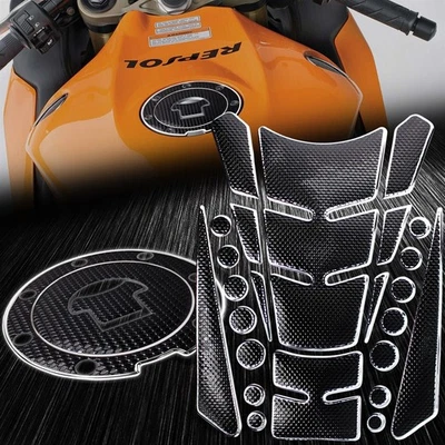Almohadilla de tanque cromada plateada + negra perforada + cubierta de tapa de combustible/gas 03-16 CBR-1000RR/600RR Foto 1 de 4