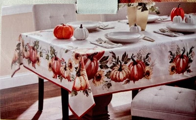Nicole Miller Pumpkin Sunflowers Tablecloth Orange Fall Leaves 60x84 NEW! - Image 1 of 4